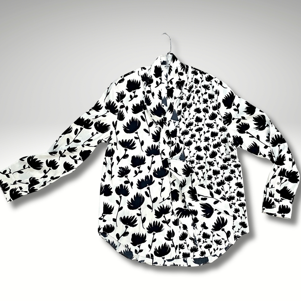 NWT URLAZH Womens 90% Silk Blend Long Sleeve Top Blouse Black White Large Scarf
